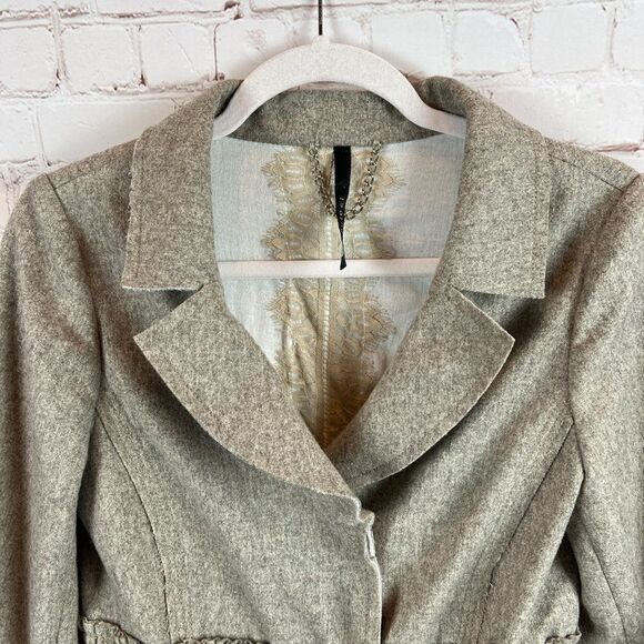 POLECI gray wool blend lined flared sleeve pocket elastic waist classic coat 4 - Picture 2 of 14
